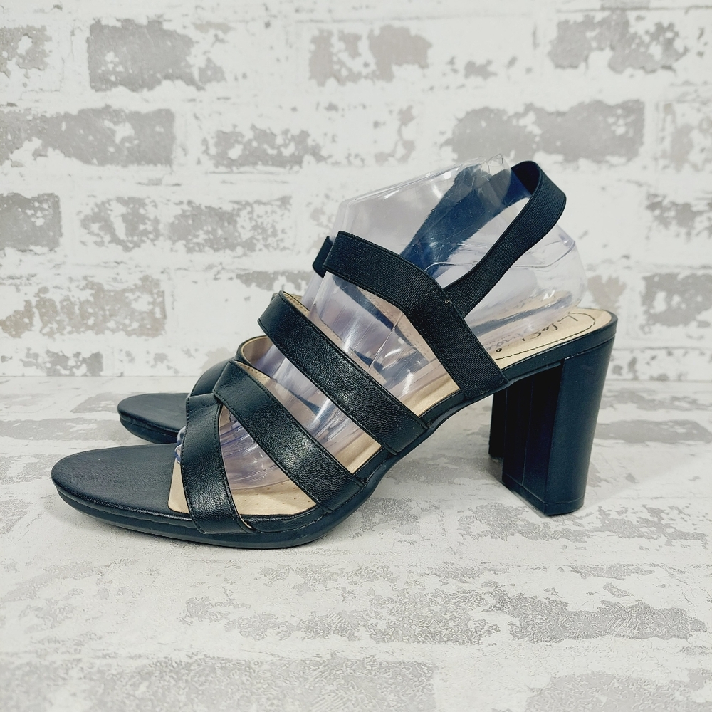 New LifeStride Artist Black Faux Leather Strappy Heeled Sandals E87